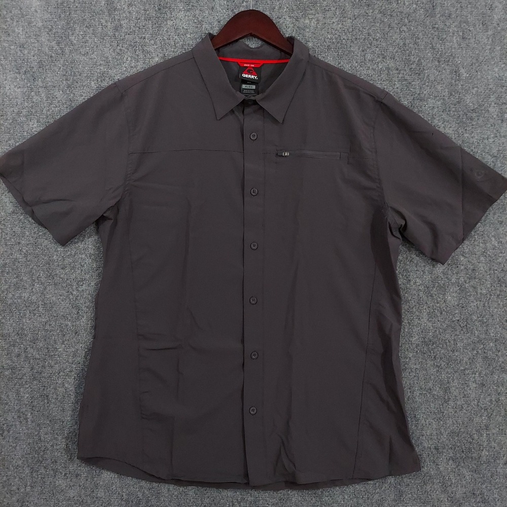 Gerry Shirt Mens XL Gray Solid Short Sleeve Stretch Woven Button Up Casual